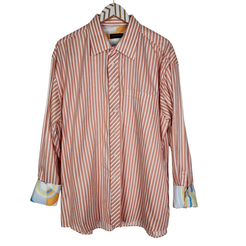 TED BAKER Shirt Mens 17.5 Orange Stripe Cotton Long Sleeve Flip Cuff Button